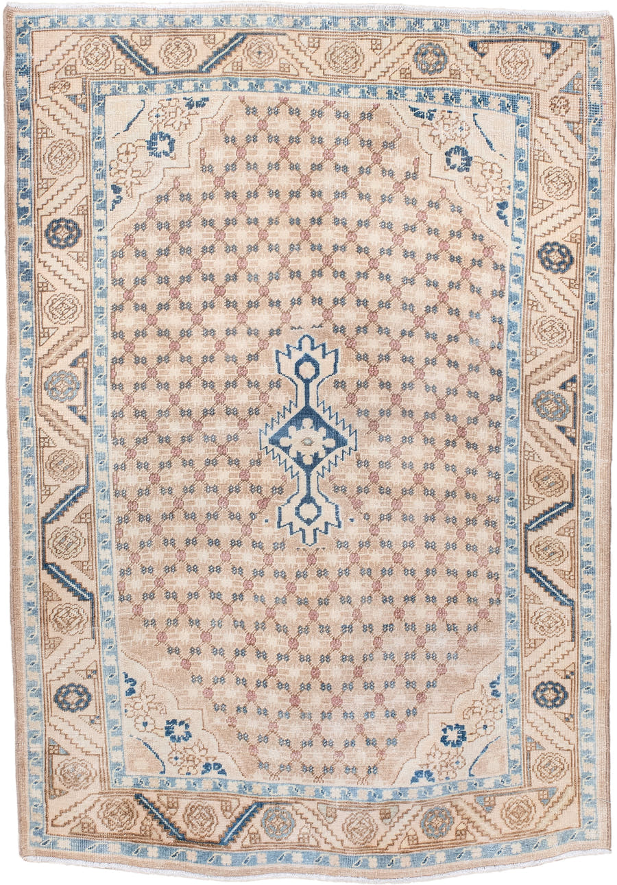 3' x 4' one-of-a-kind handmade vintage Hamadan small size rug. Color palette: ivory, light blue, beige, taupe, camel, rose