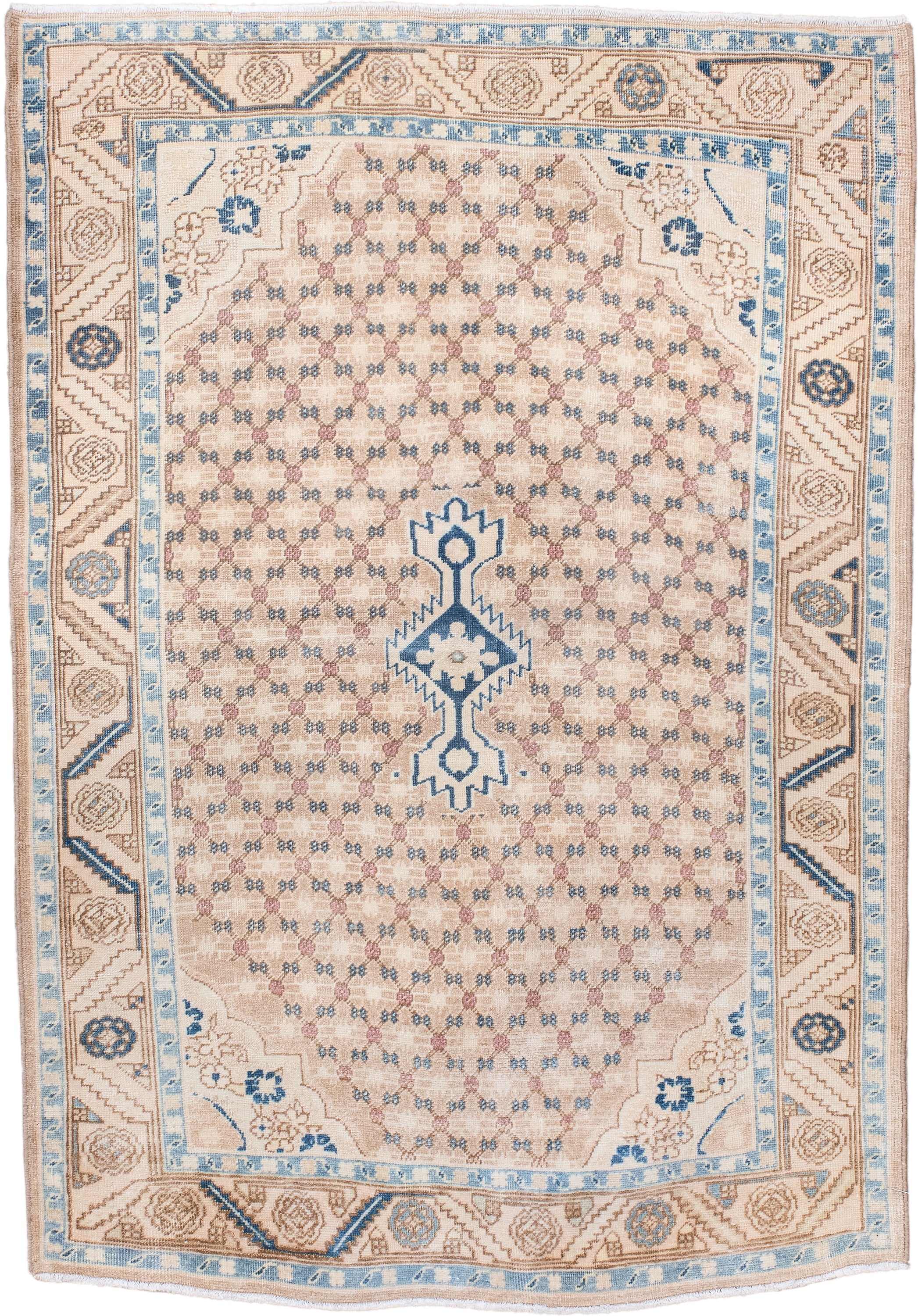 3' x 4' one-of-a-kind handmade vintage Hamadan small size rug. Color palette: ivory, light blue, beige, taupe, camel, rose