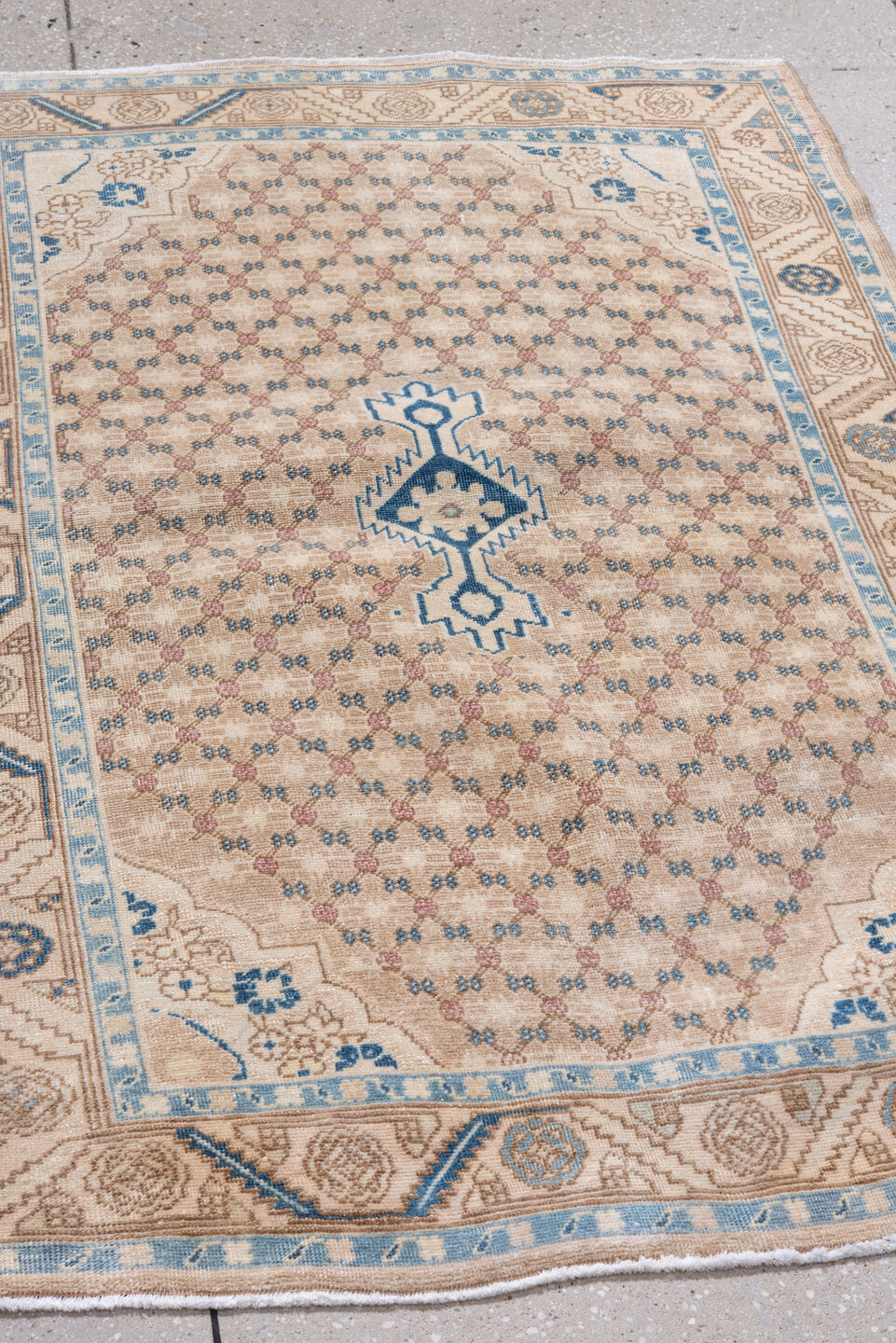 3' x 4' one-of-a-kind handmade vintage Hamadan small size rug. Color palette: ivory, light blue, beige, taupe, camel, rose