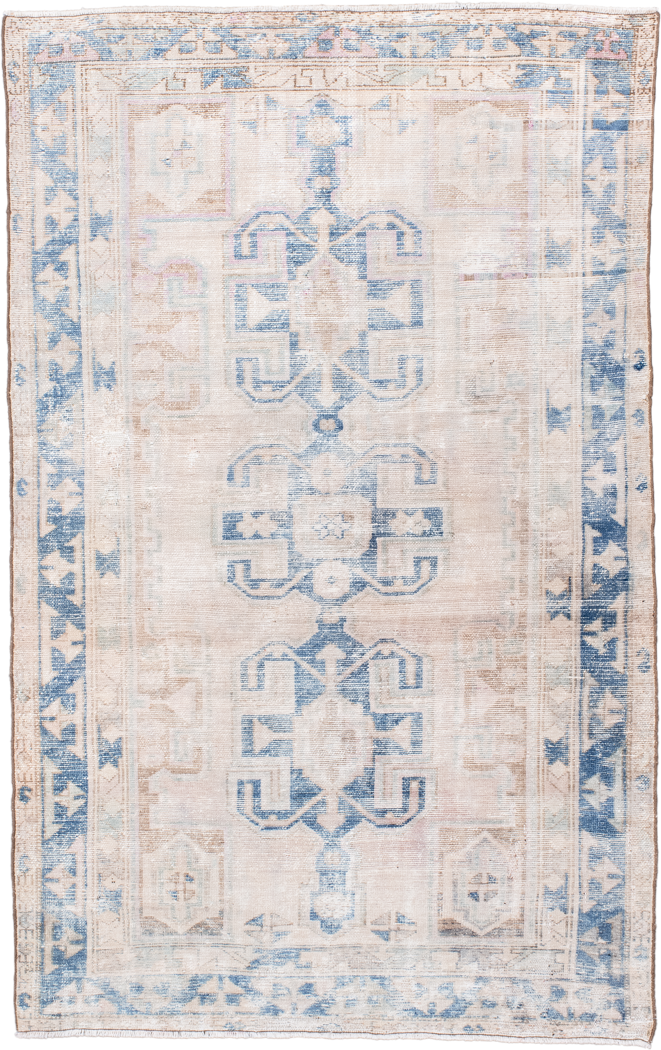 4' x 6' one-of-a-kind handmade vintage Hamadan small size rug. Color palette: ivory, powder blue, beige, taupe, pale blush
