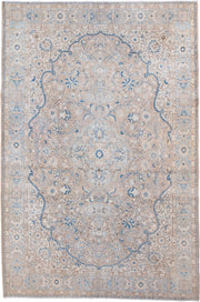 7' x 11' one-of-a-kind handmade vintage Kerman large size rug. Color palette: ivory, beige, light blue, taupe, camel, gray
