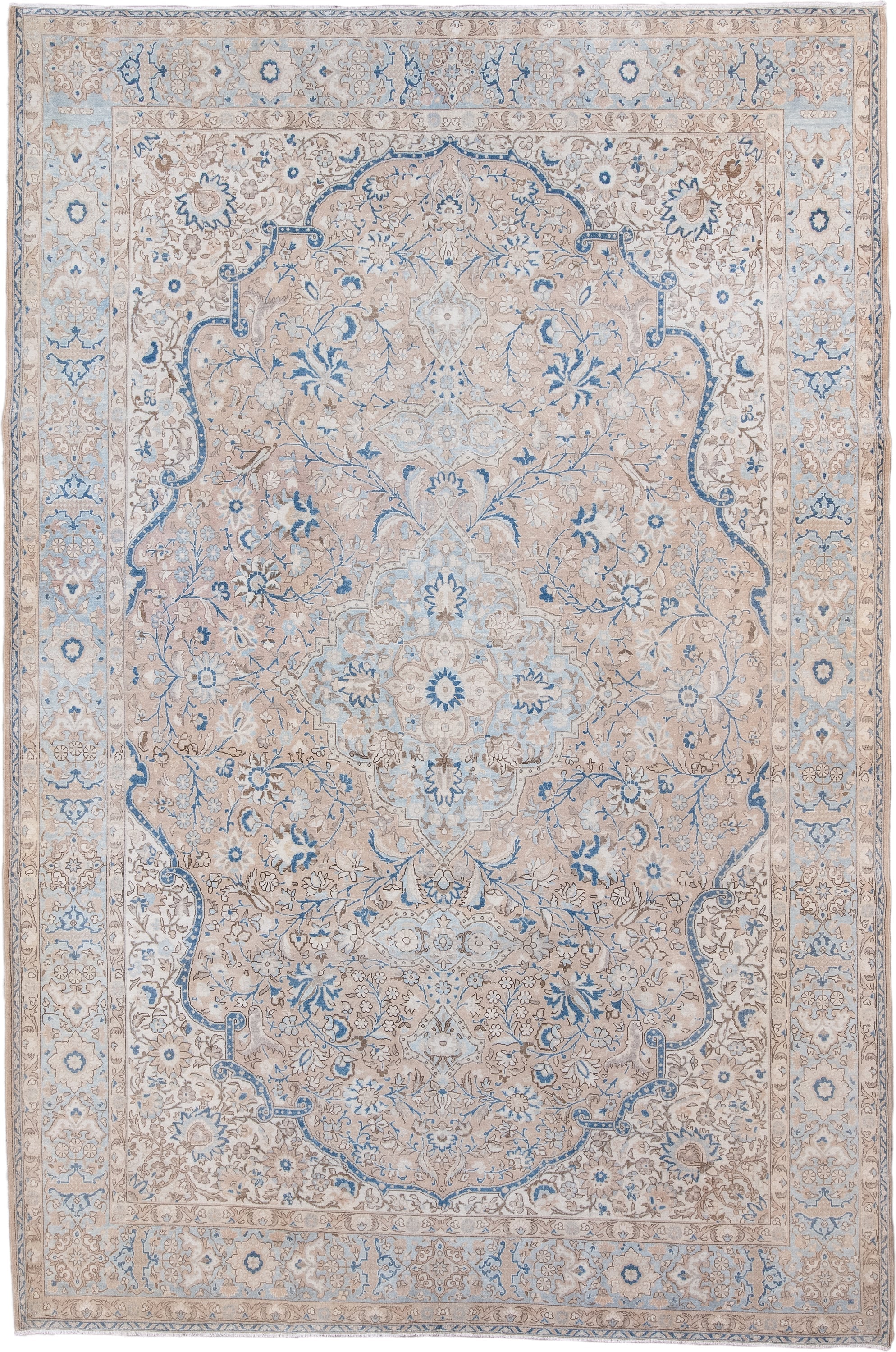 7' x 11' one-of-a-kind handmade vintage Kerman large size rug. Color palette: ivory, beige, light blue, taupe, camel, gray