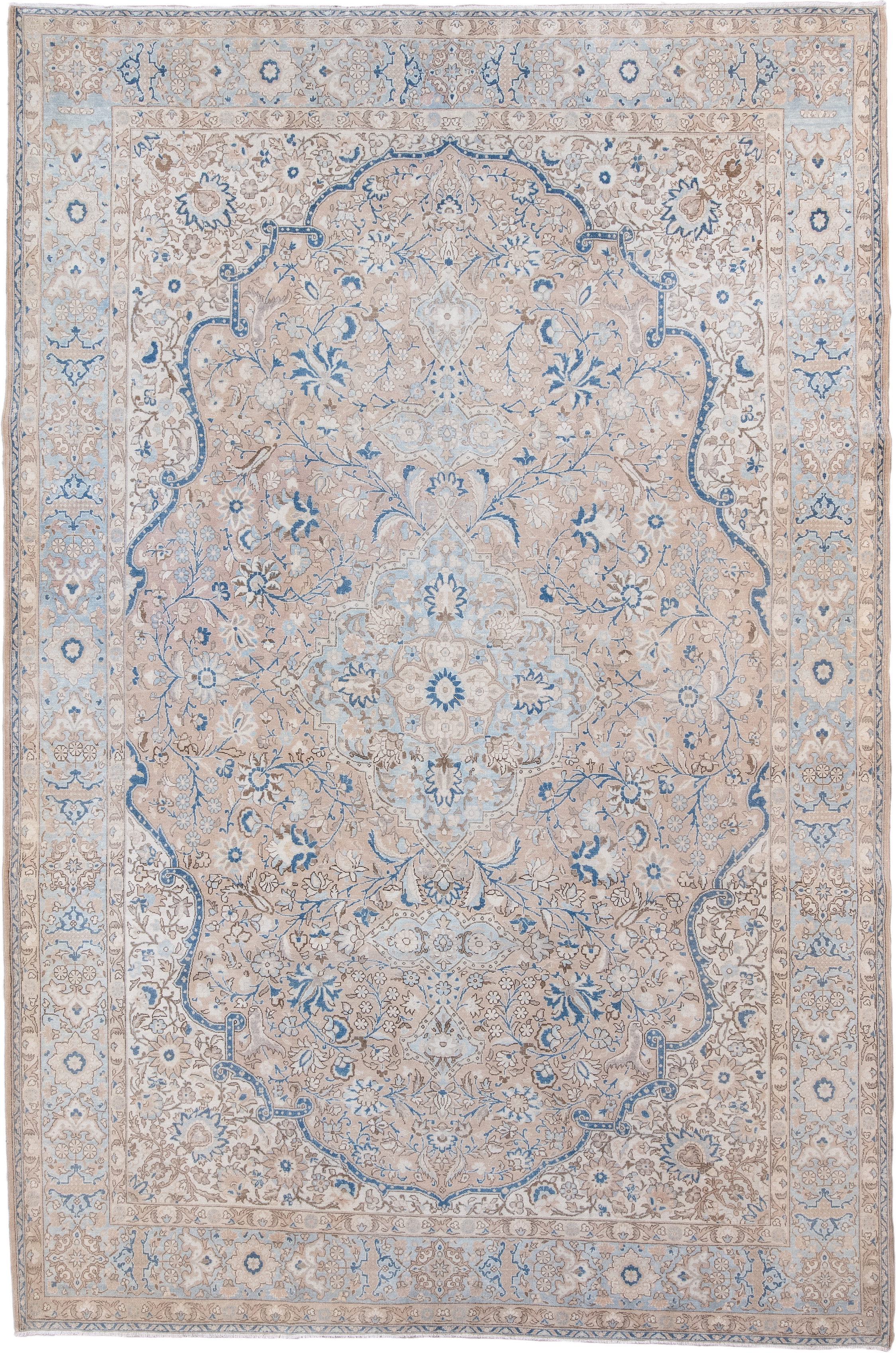 7' x 11' one-of-a-kind handmade vintage Kerman large size rug. Color palette: ivory, beige, light blue, taupe, camel, gray
