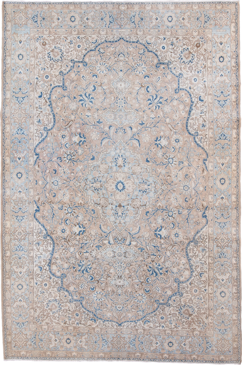 7' x 11' one-of-a-kind handmade vintage Kerman large size rug. Color palette: ivory, beige, light blue, taupe, camel, gray