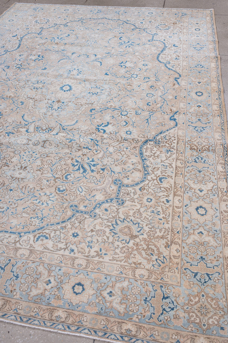 7' x 11' one-of-a-kind handmade vintage Kerman large size rug. Color palette: ivory, beige, light blue, taupe, camel, gray