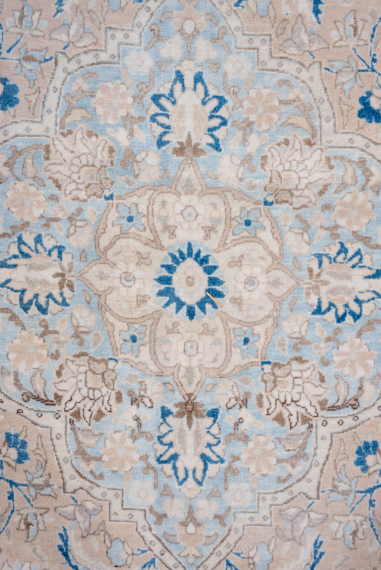 7' x 11' one-of-a-kind handmade vintage Kerman large size rug. Color palette: ivory, beige, light blue, taupe, camel, gray