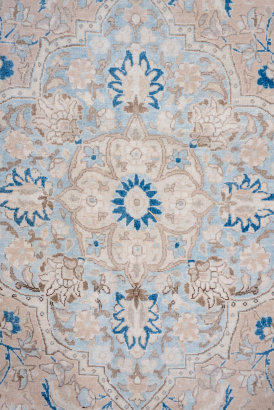 7' x 11' one-of-a-kind handmade vintage Kerman large size rug. Color palette: ivory, beige, light blue, taupe, camel, gray