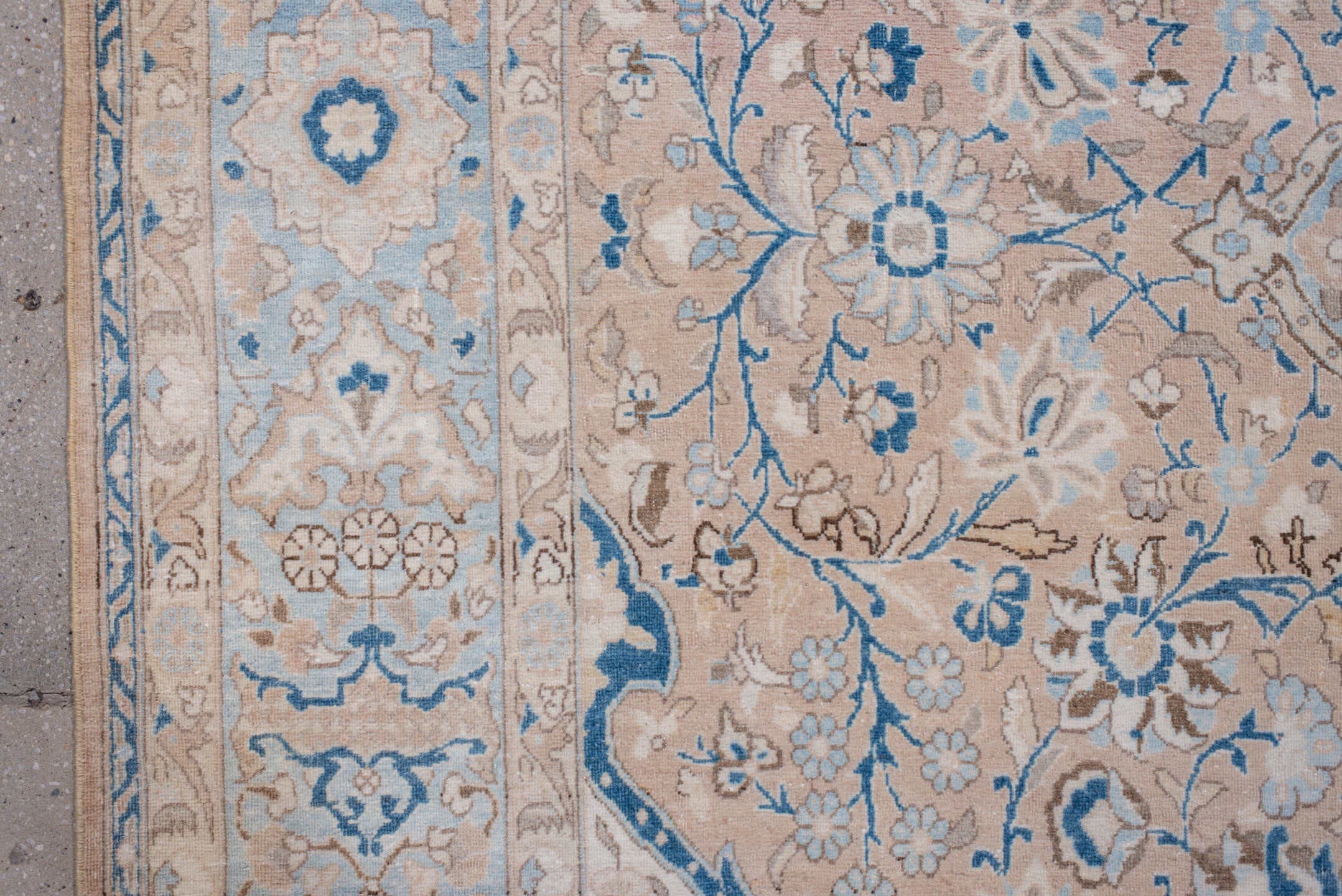 7' x 11' one-of-a-kind handmade vintage Kerman large size rug. Color palette: ivory, beige, light blue, taupe, camel, gray