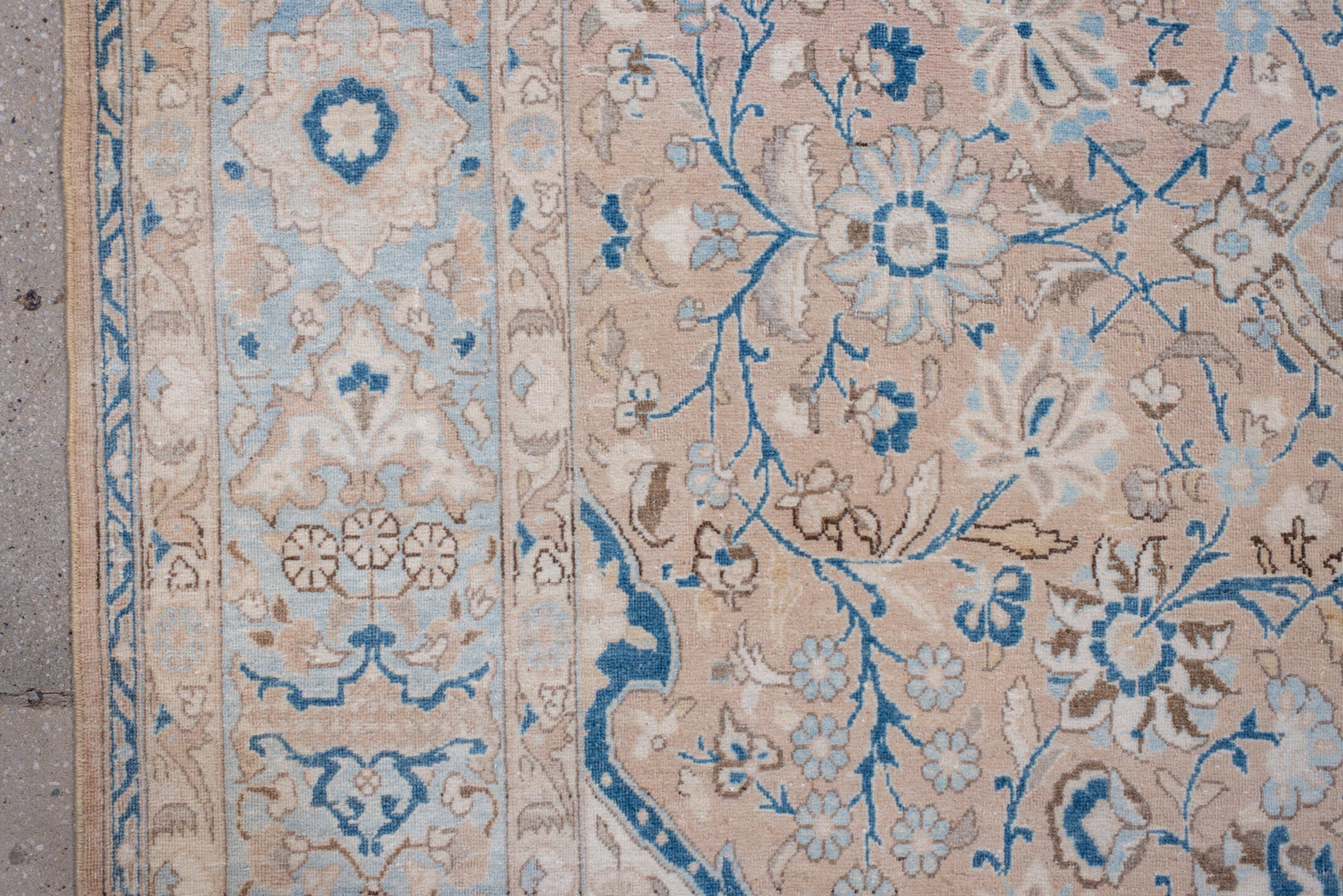 7' x 11' one-of-a-kind handmade vintage Kerman large size rug. Color palette: ivory, beige, light blue, taupe, camel, gray