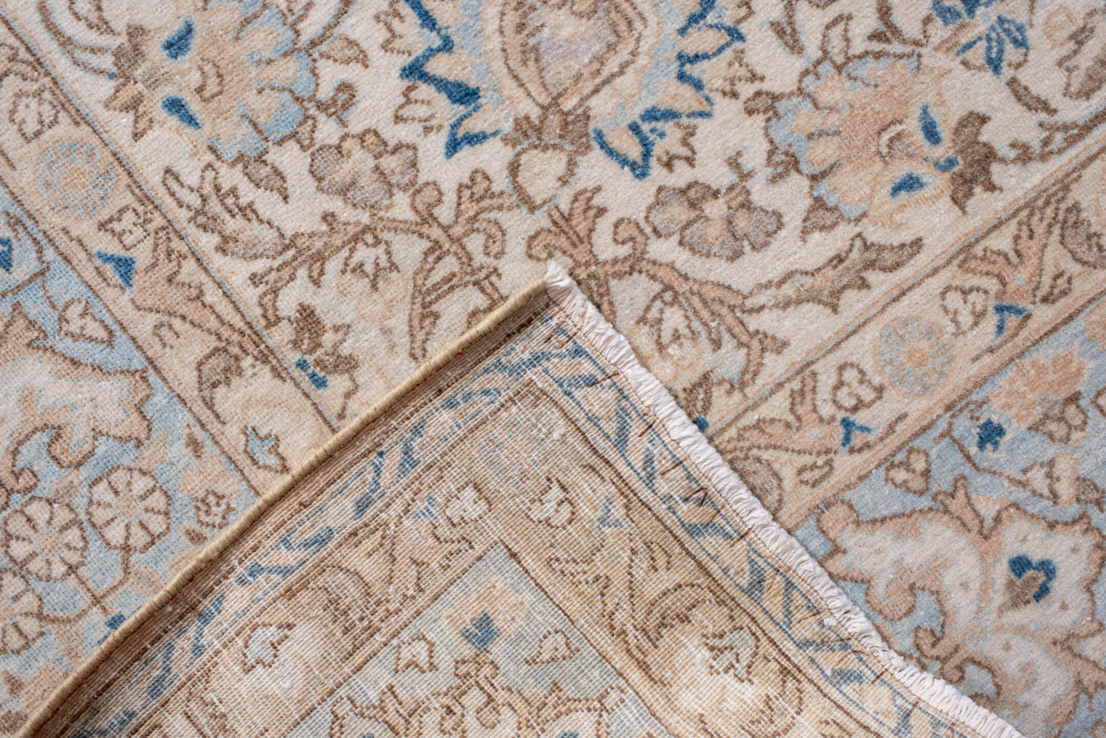 7' x 11' one-of-a-kind handmade vintage Kerman large size rug. Color palette: ivory, beige, light blue, taupe, camel, gray
