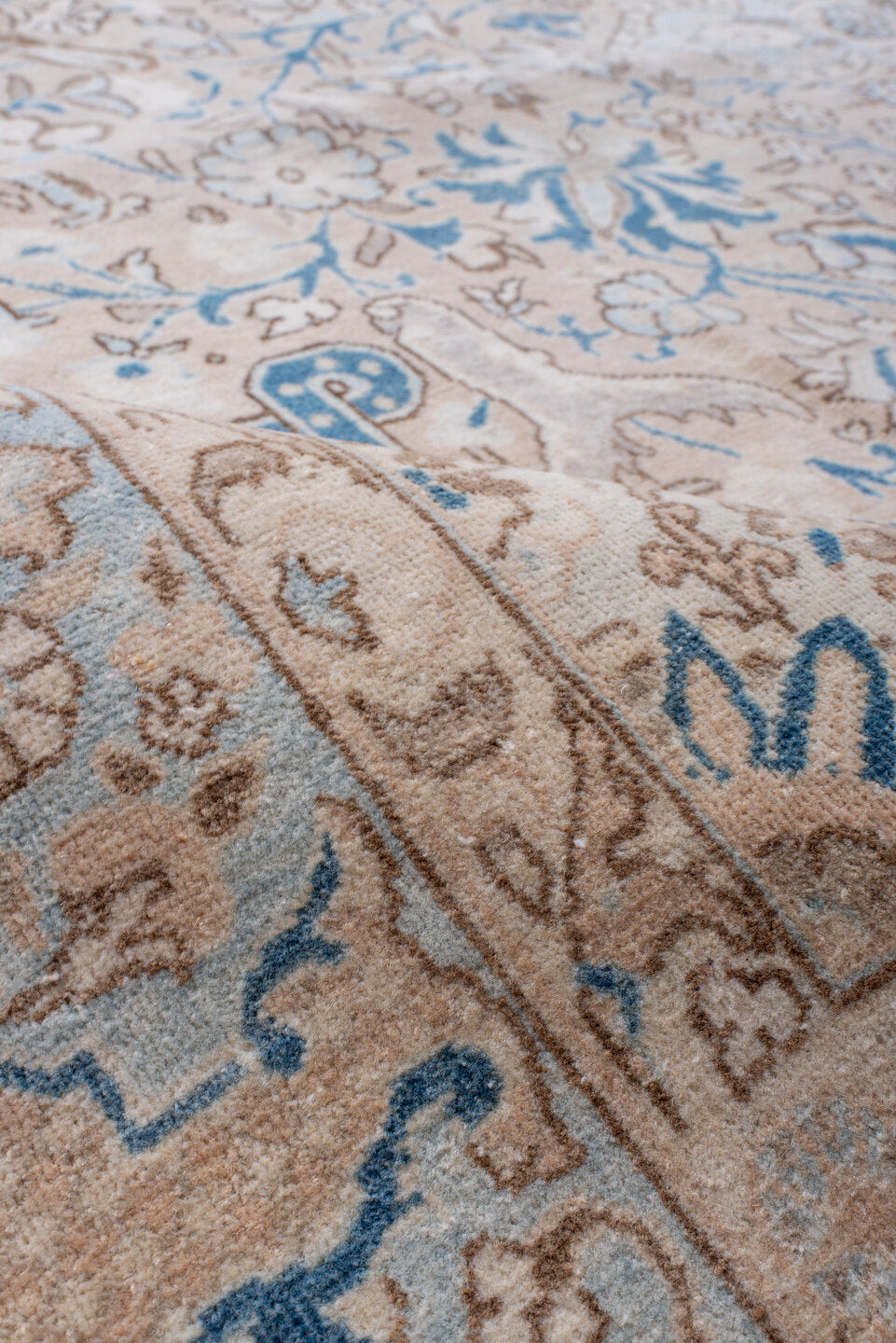 7' x 11' one-of-a-kind handmade vintage Kerman large size rug. Color palette: ivory, beige, light blue, taupe, camel, gray