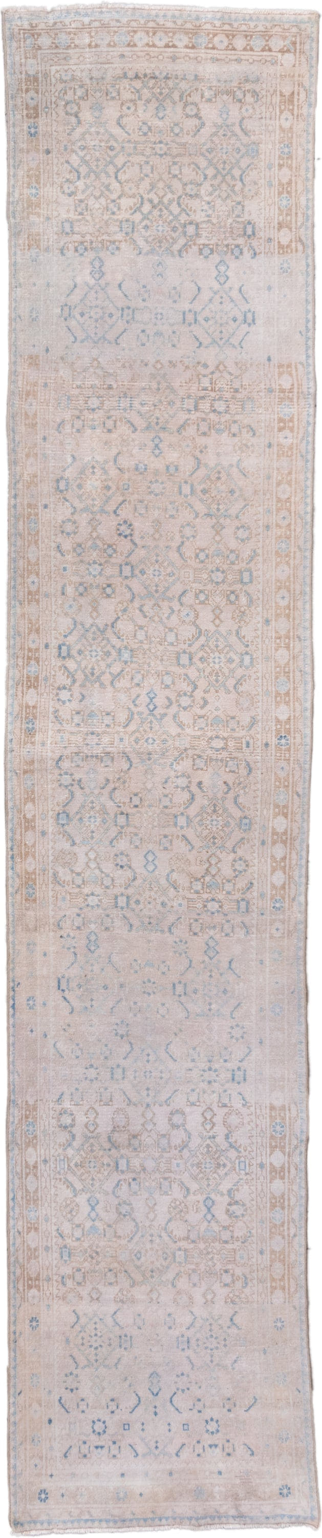 2' x 13' one-of-a-kind handmade vintage Hamadan runner rug. Color palette: ivory, pale blue, beige, taupe, light blue, gray