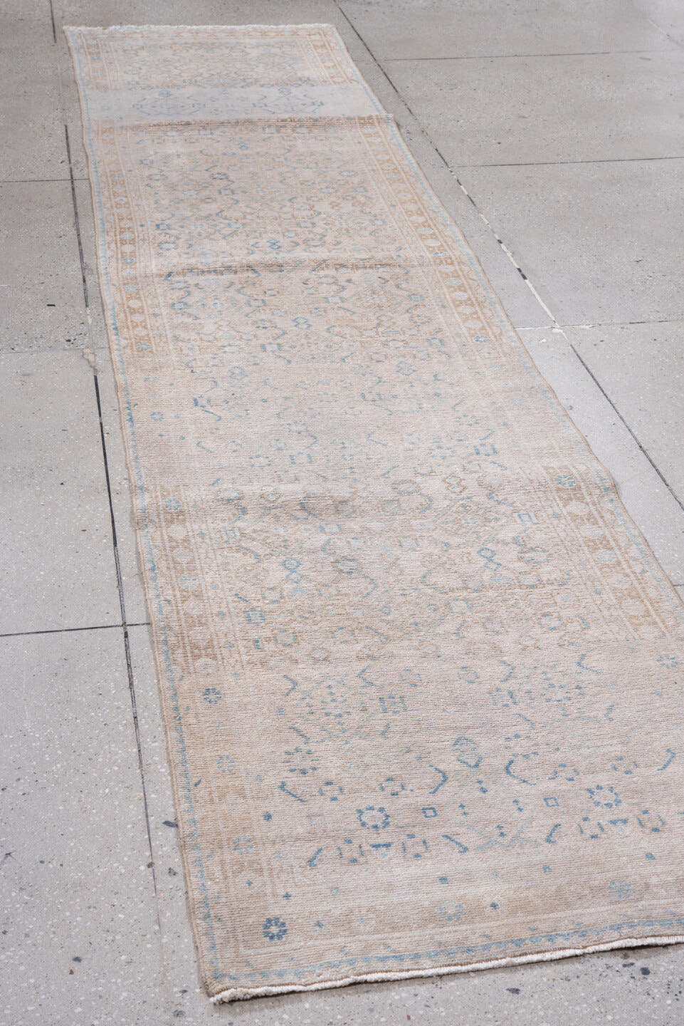 2' x 13' one-of-a-kind handmade vintage Hamadan runner rug. Color palette: ivory, pale blue, beige, taupe, light blue, gray