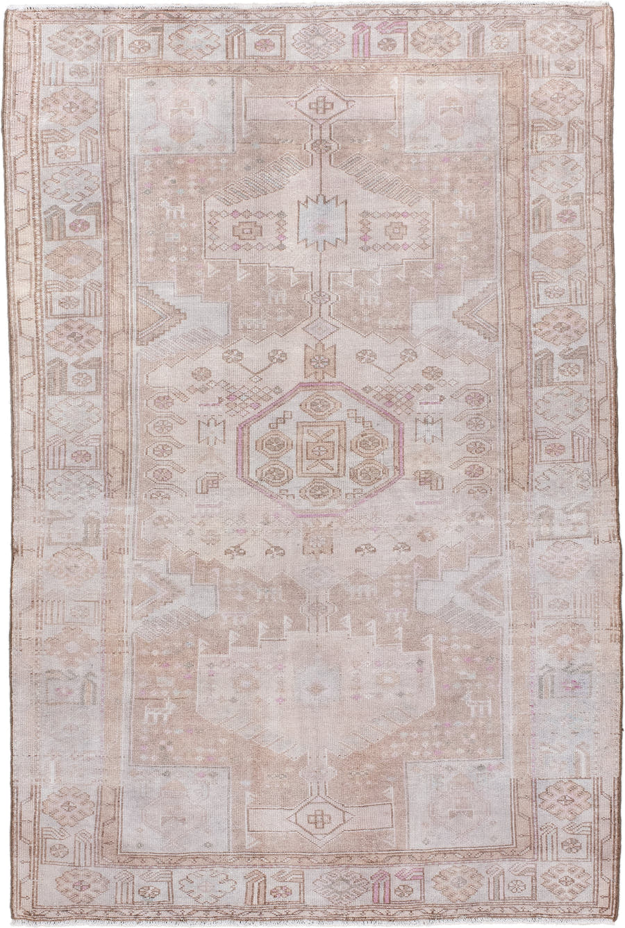 4' x 6' one-of-a-kind handmade vintage Malayer small size rug. Color palette: ivory, blush, taupe, camel, rose, beige, pink