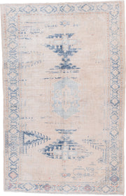 4' x 7' one-of-a-kind handmade vintage Veece rug. Color palette: ivory, pale blue, blush, sky blue, faded coral, light blue