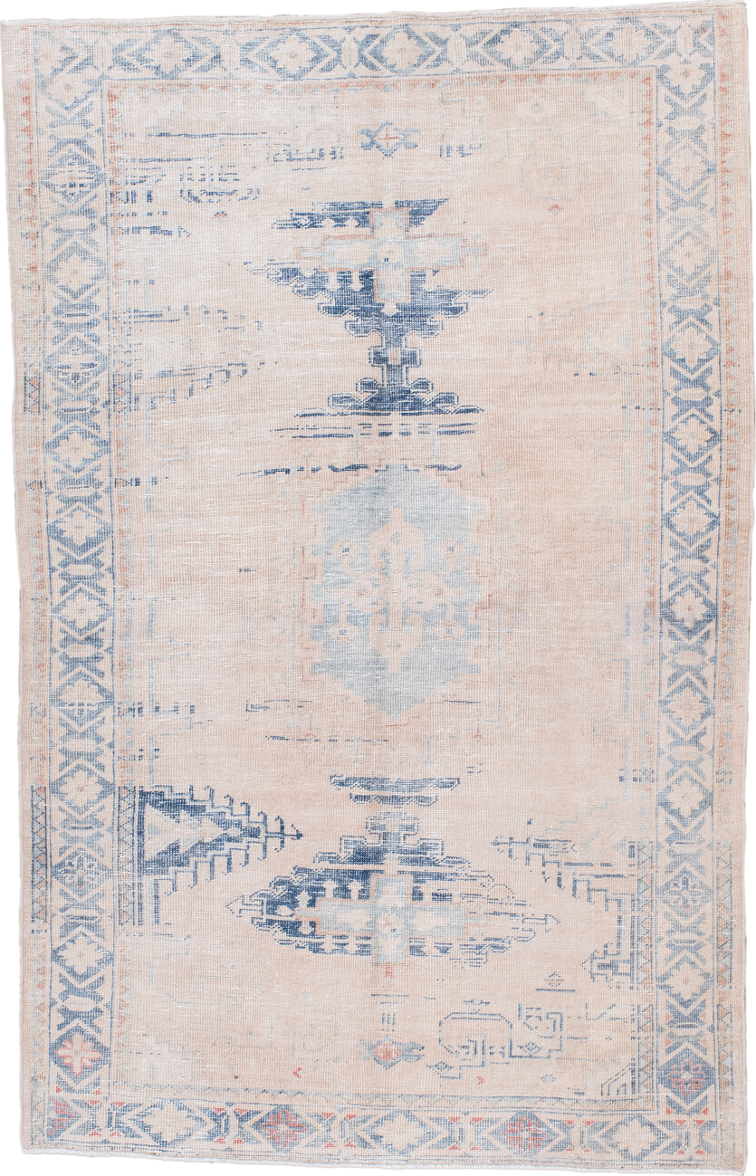 4' x 7' one-of-a-kind handmade vintage Veece rug. Color palette: ivory, pale blue, blush, sky blue, faded coral, light blue