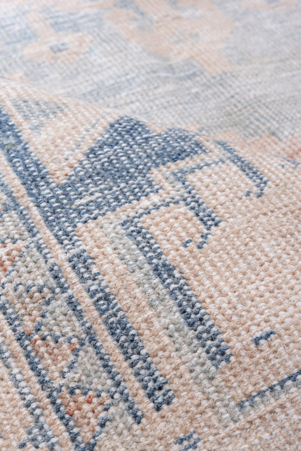 4' x 7' one-of-a-kind handmade vintage Veece rug. Color palette: ivory, pale blue, blush, sky blue, faded coral, light blue