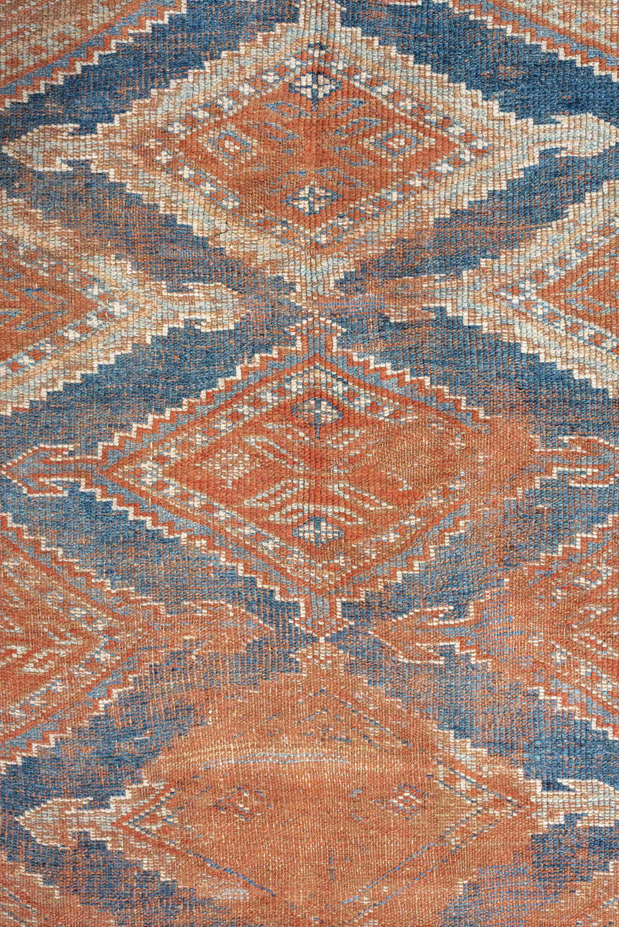 4' x 7' one-of-a-kind handmade antique Kurd rug. Color palette: terracotta, powder blue, ivory, camel, taupe, rust, brown