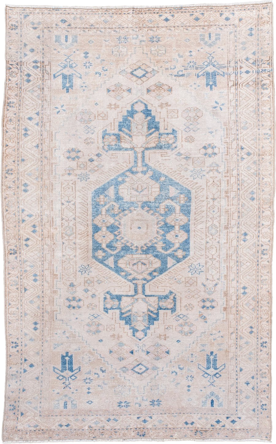 4' x 6' one-of-a-kind handmade vintage Hamadan small size rug. Color palette: ivory, sky blue, blush, beige, taupe