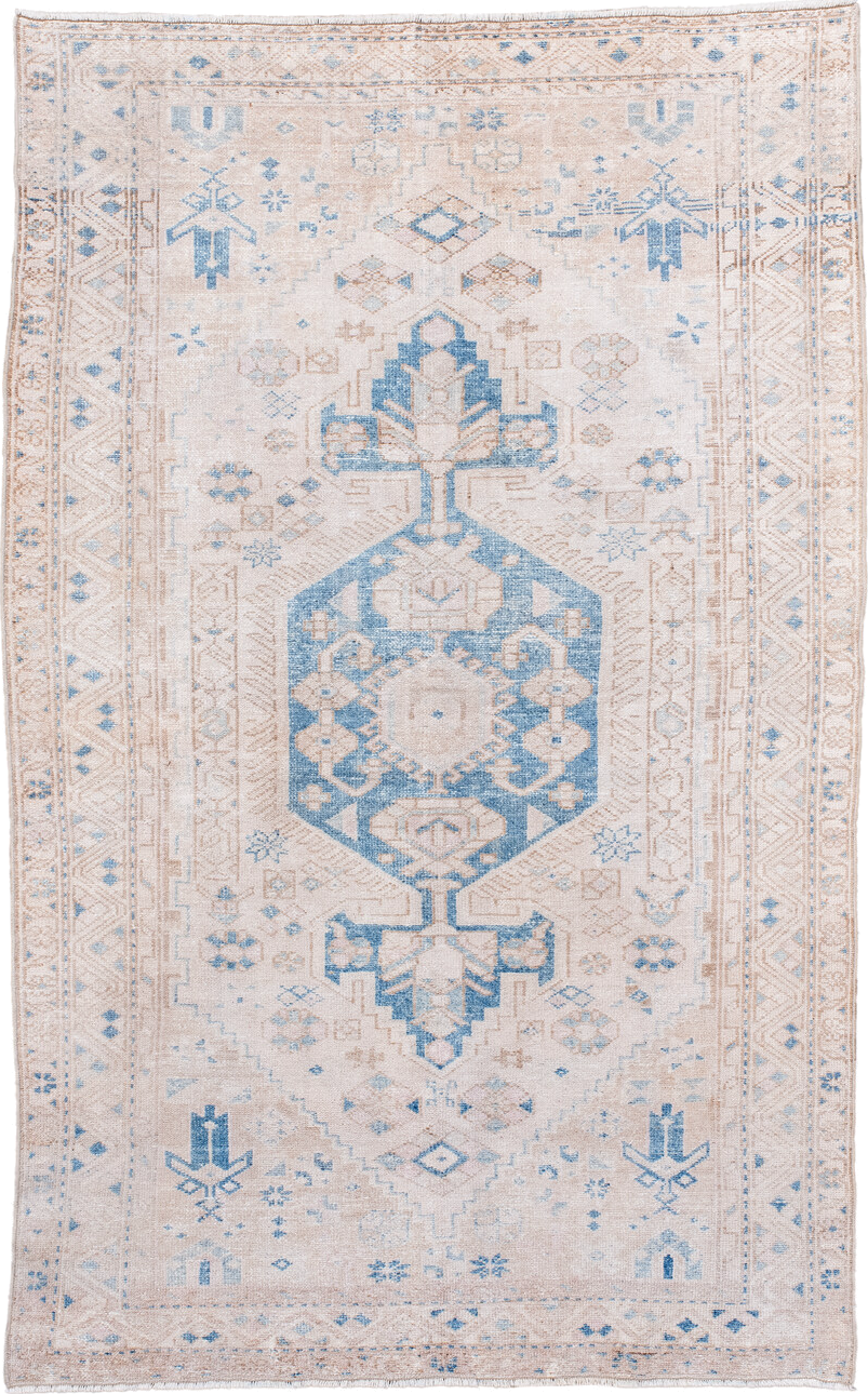 4' x 6' one-of-a-kind handmade vintage Hamadan small size rug. Color palette: ivory, sky blue, blush, beige, taupe