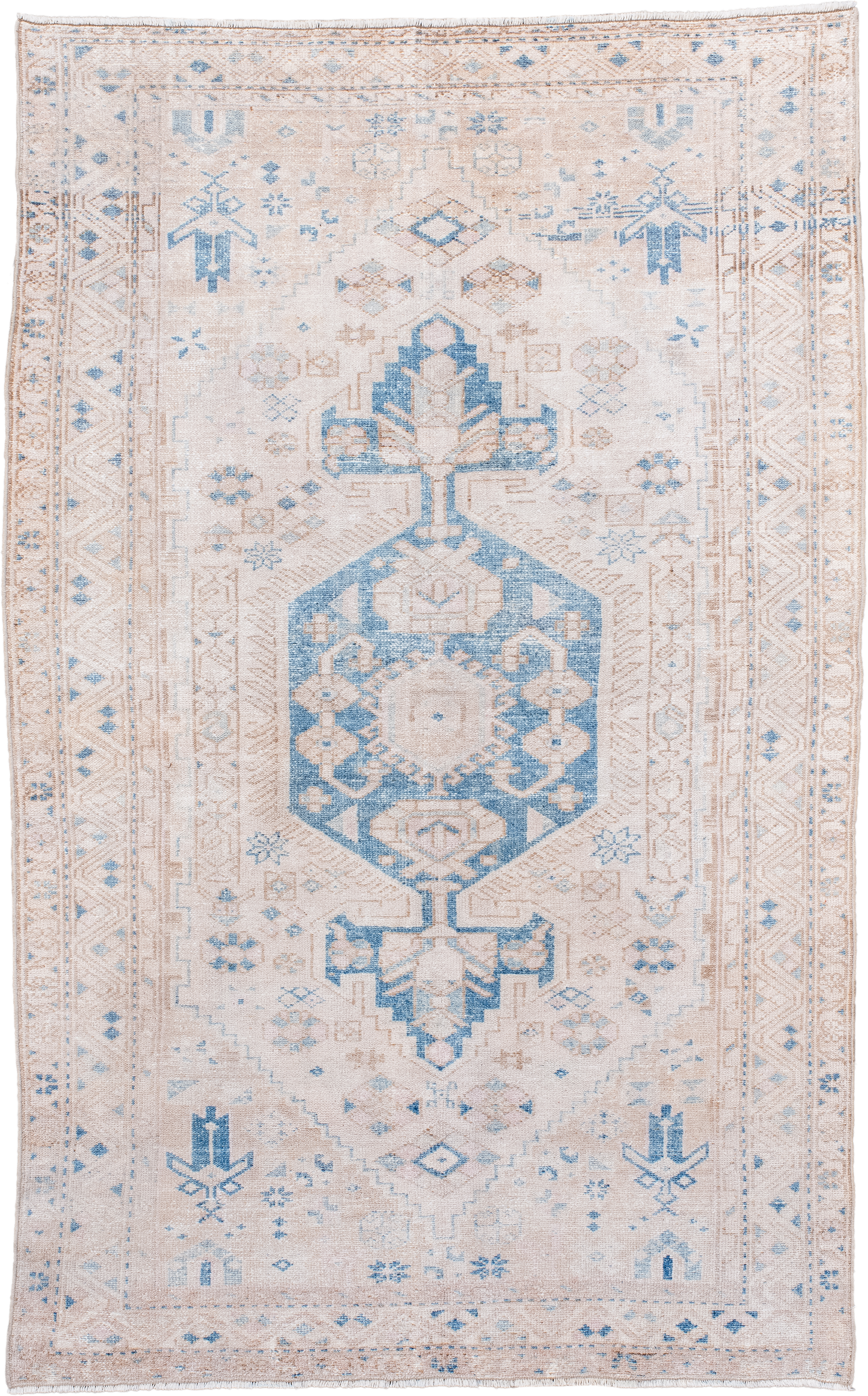 4' x 6' one-of-a-kind handmade vintage Hamadan small size rug. Color palette: ivory, sky blue, blush, beige, taupe