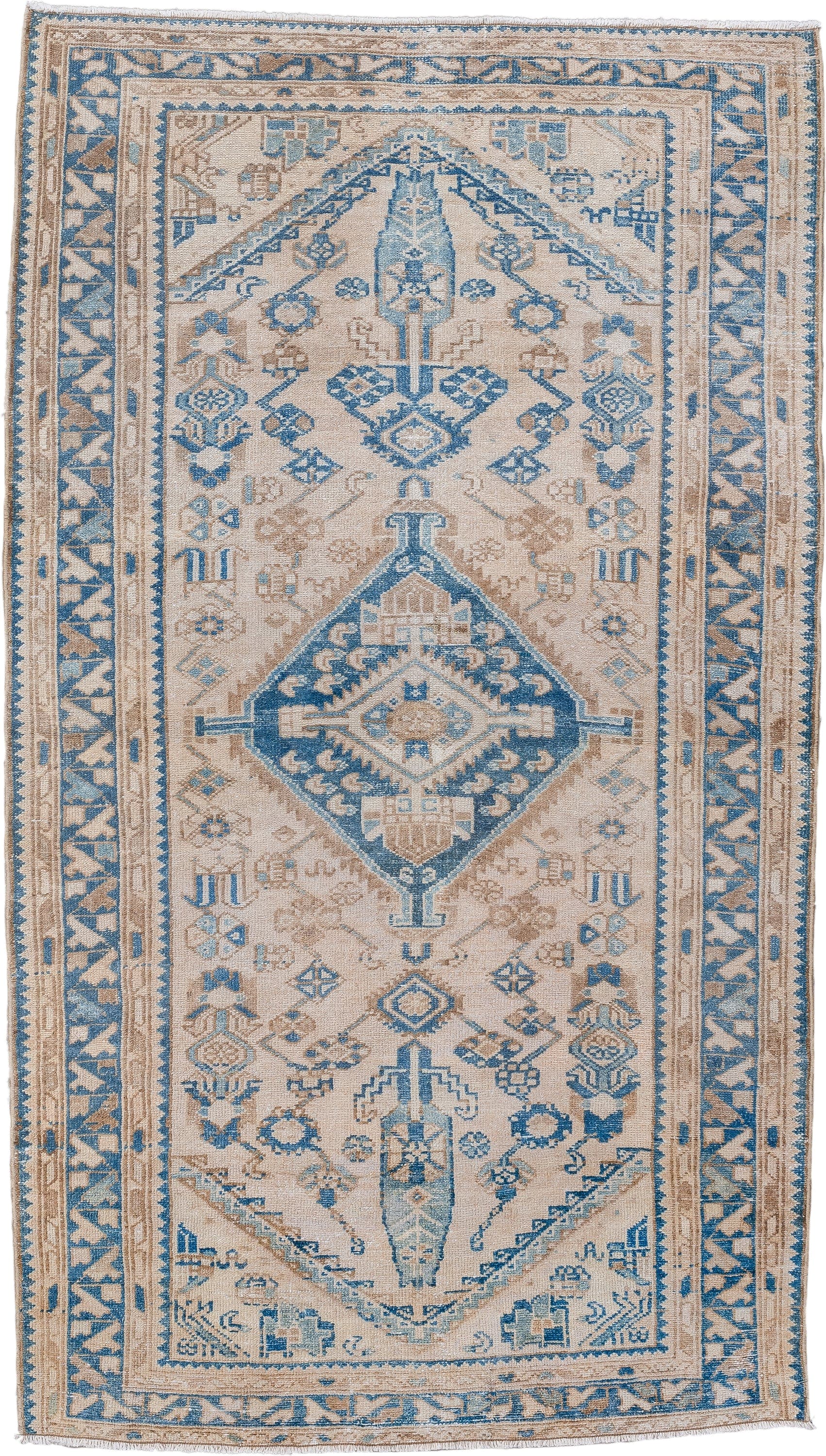 3' x 6' one-of-a-kind handmade vintage Hamadan small size rug. Color palette: ivory, sky blue, beige, taupe, camel