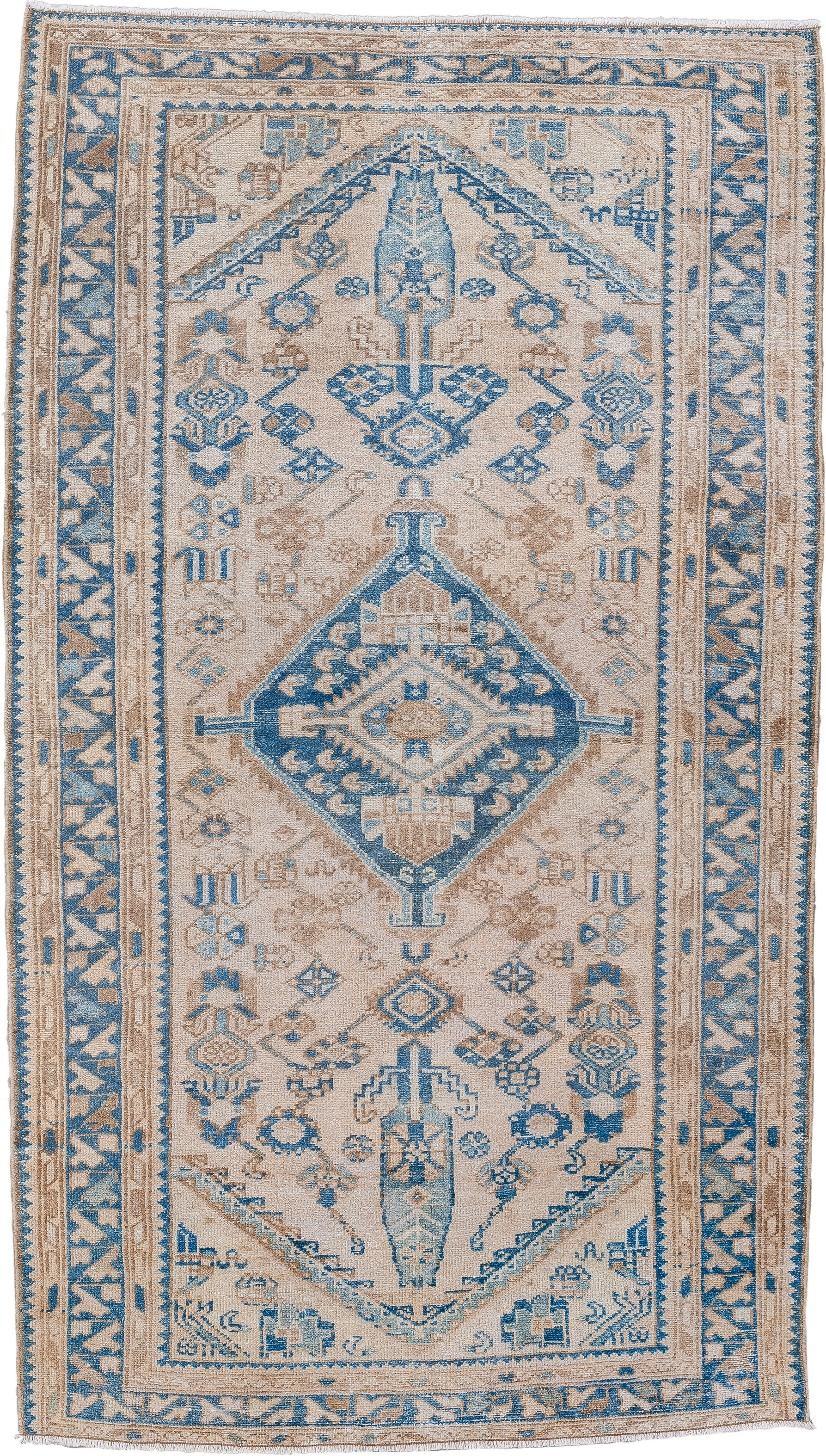 3' x 6' one-of-a-kind handmade vintage Hamadan small size rug. Color palette: ivory, sky blue, beige, taupe, camel