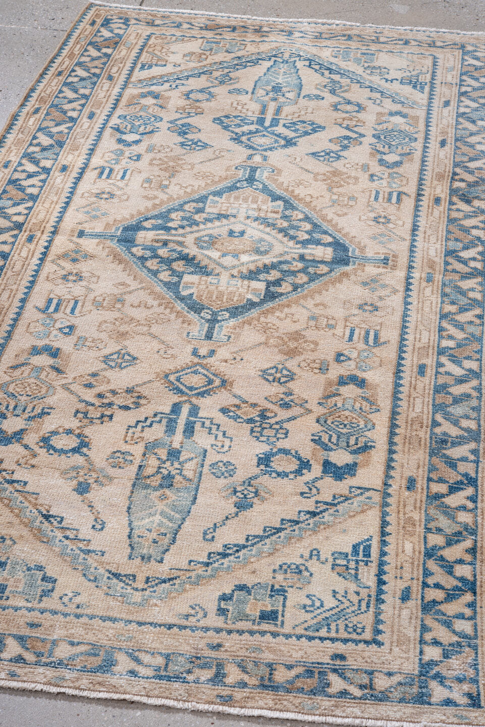 3' x 6' one-of-a-kind handmade vintage Hamadan small size rug. Color palette: ivory, sky blue, beige, taupe, camel