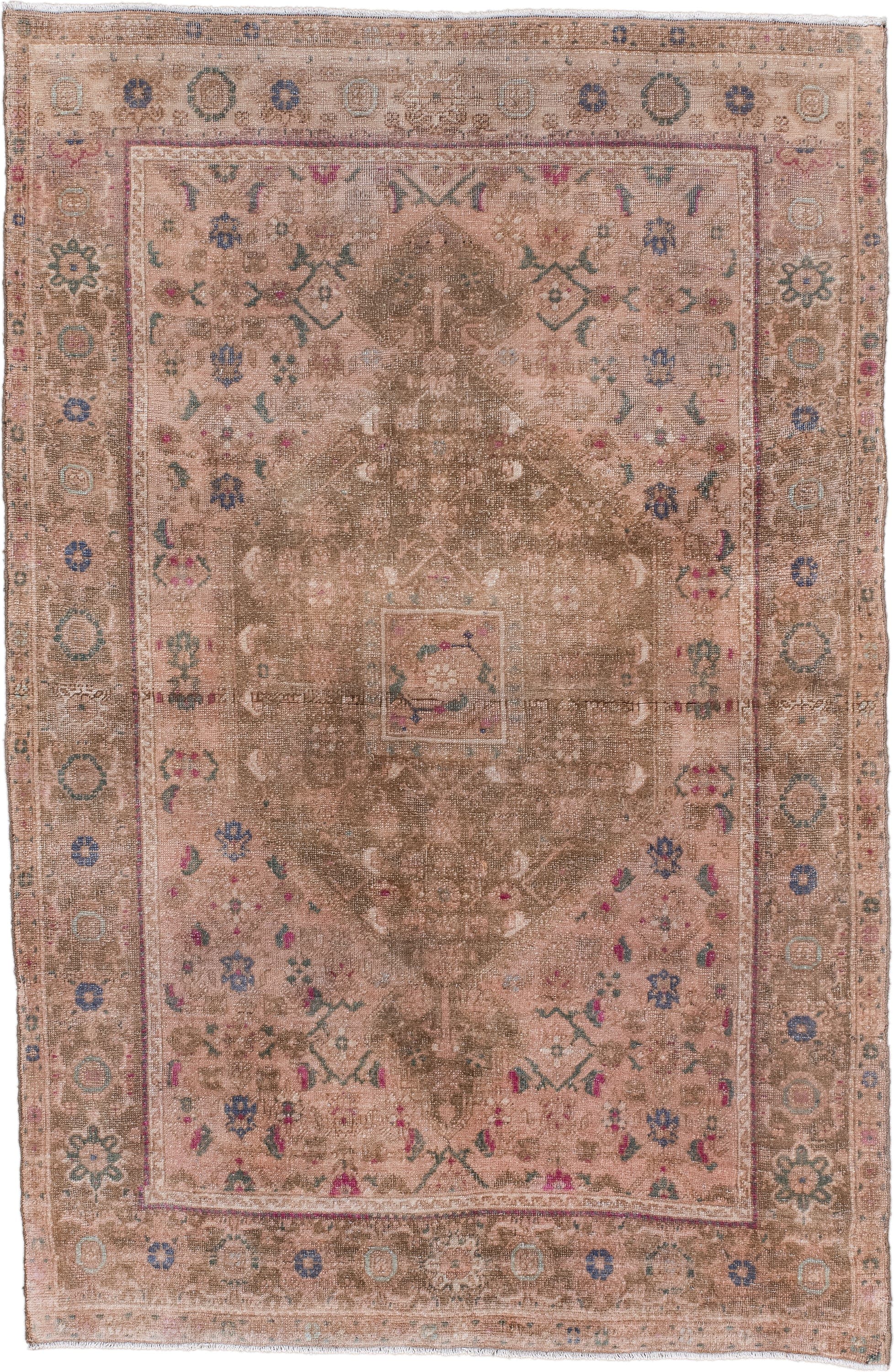 3' x 5' one-of-a-kind handmade vintage Sarouk small size rug. Color palette: blush, taupe, brown, dusty rose, muted blue