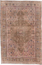 3' x 5' one-of-a-kind handmade vintage Sarouk small size rug. Color palette: blush, taupe, brown, dusty rose, muted blue