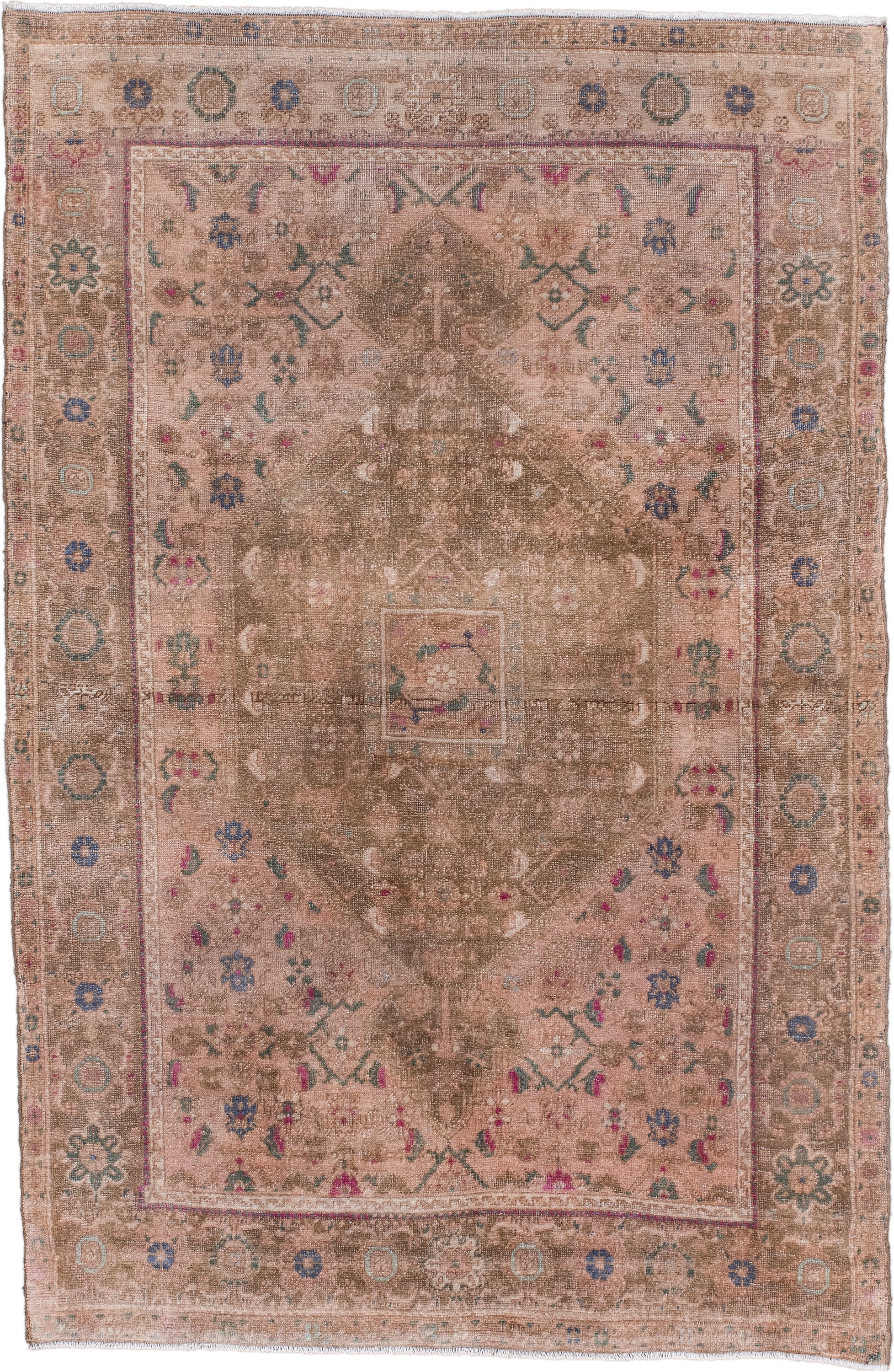 3' x 5' one-of-a-kind handmade vintage Sarouk small size rug. Color palette: blush, taupe, brown, dusty rose, muted blue