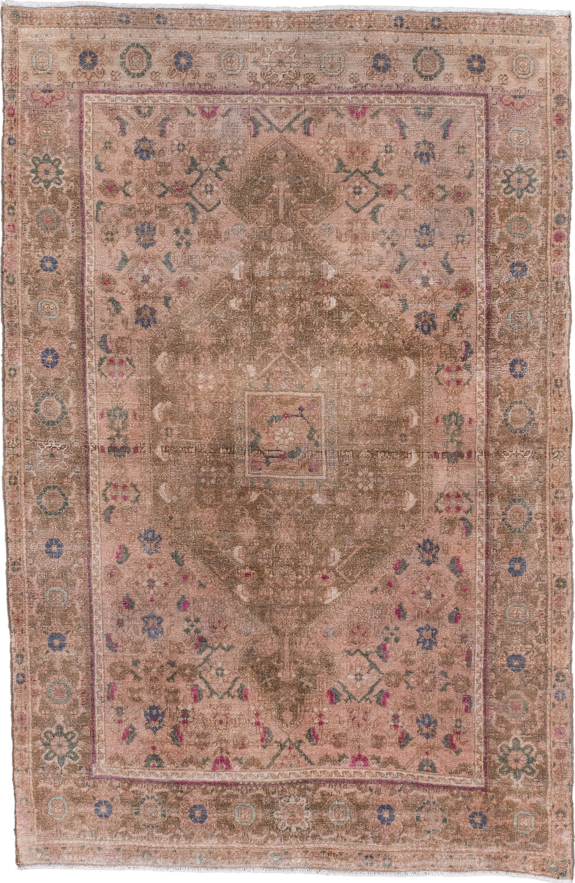 3' x 5' one-of-a-kind handmade vintage Sarouk small size rug. Color palette: blush, taupe, brown, dusty rose, muted blue