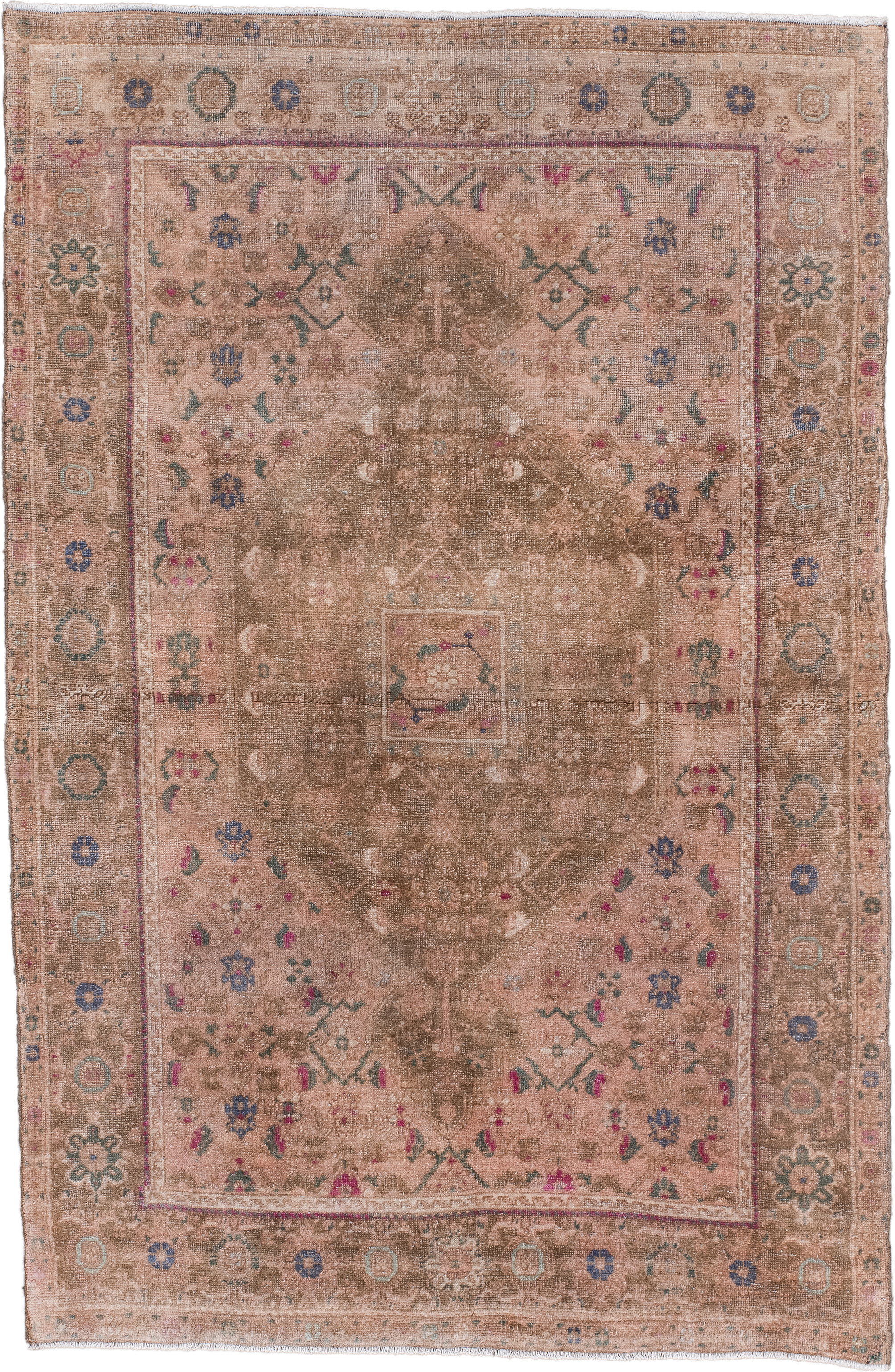 3' x 5' one-of-a-kind handmade vintage Sarouk small size rug. Color palette: blush, taupe, brown, dusty rose, muted blue