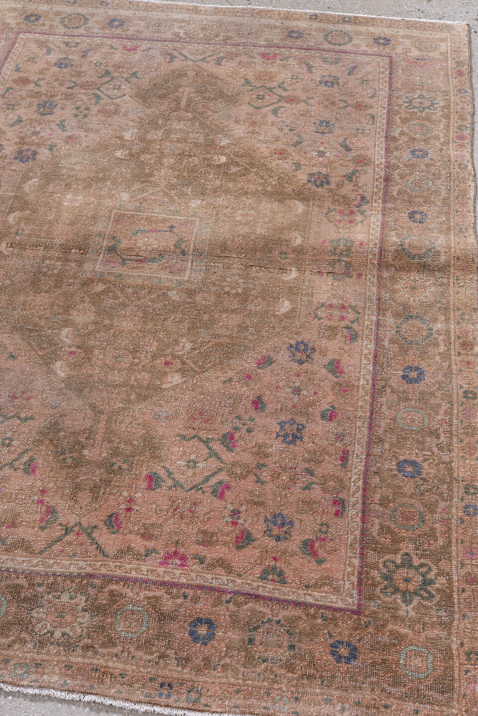 3' x 5' one-of-a-kind handmade vintage Sarouk small size rug. Color palette: blush, taupe, brown, dusty rose, muted blue