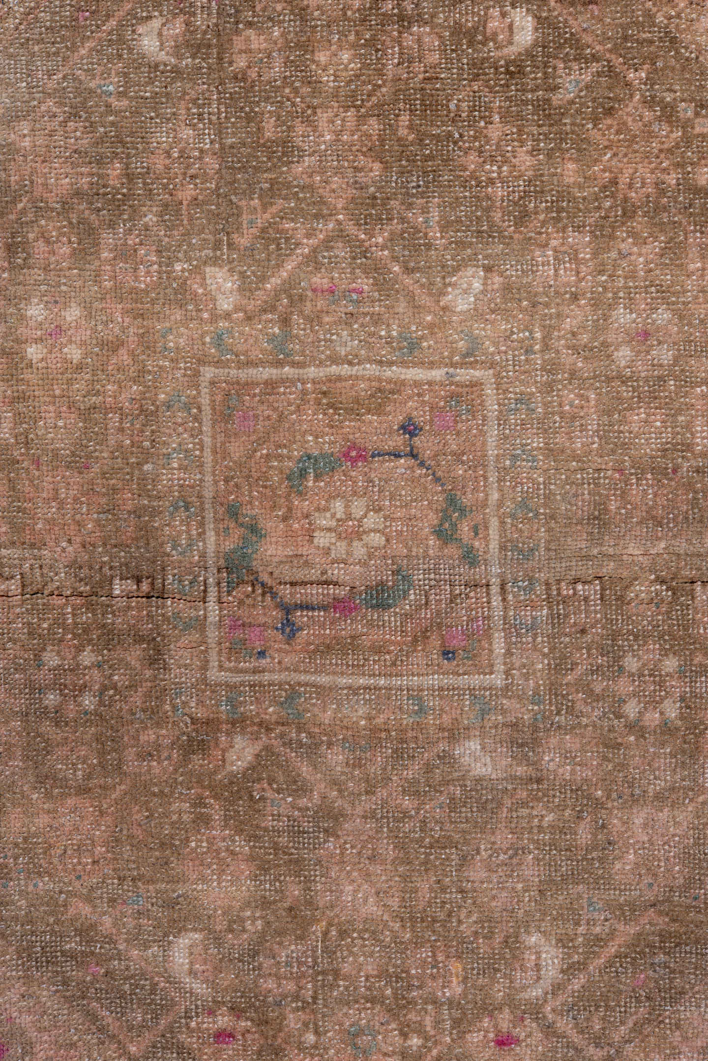 3' x 5' one-of-a-kind handmade vintage Sarouk small size rug. Color palette: blush, taupe, brown, dusty rose, muted blue