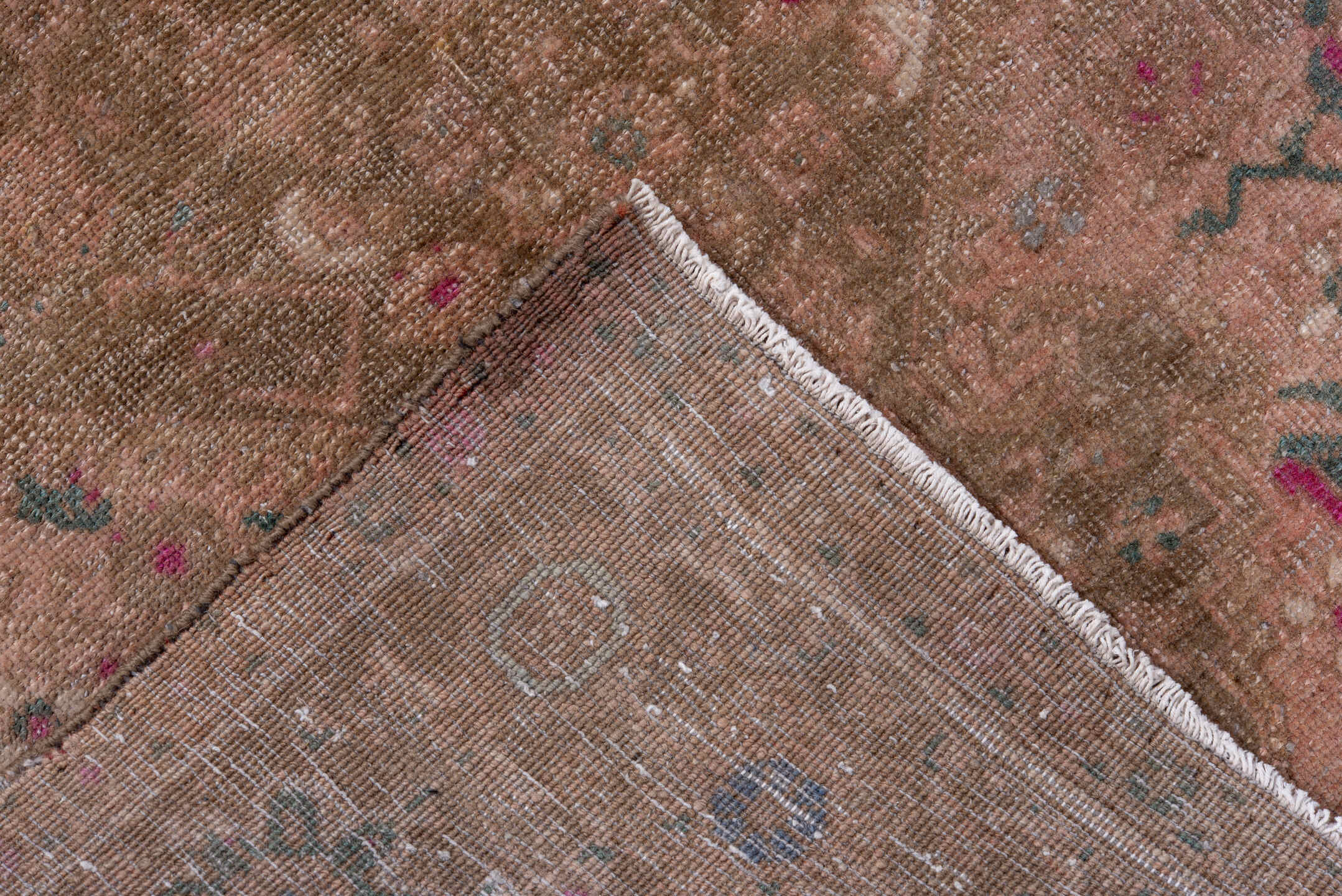 3' x 5' one-of-a-kind handmade vintage Sarouk small size rug. Color palette: blush, taupe, brown, dusty rose, muted blue