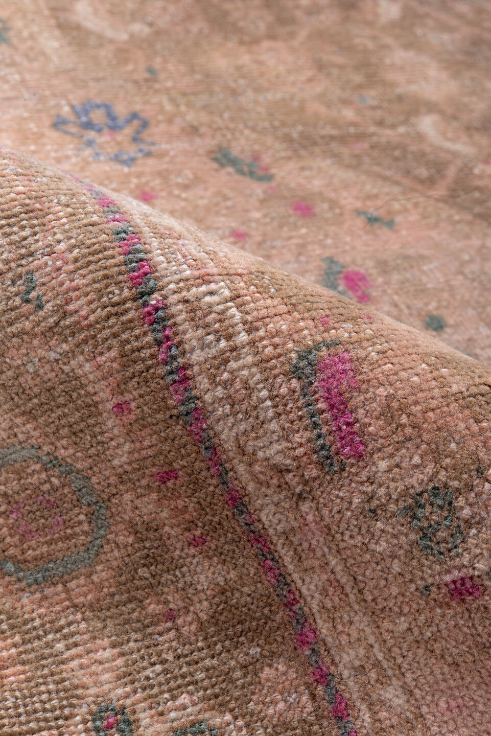 3' x 5' one-of-a-kind handmade vintage Sarouk small size rug. Color palette: blush, taupe, brown, dusty rose, muted blue