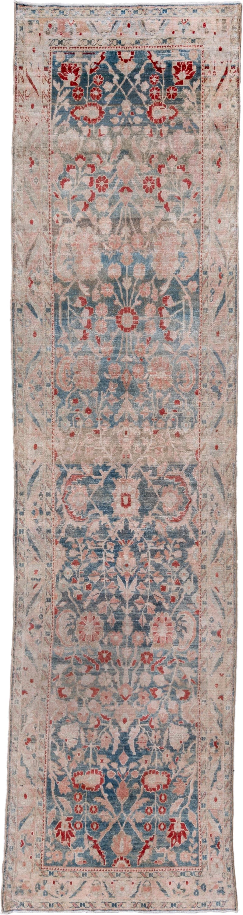 3' x 12' one-of-a-kind handmade vintage Lilian runner rug. Color palette: ivory, powder blue, blush, coral, slate, taupe