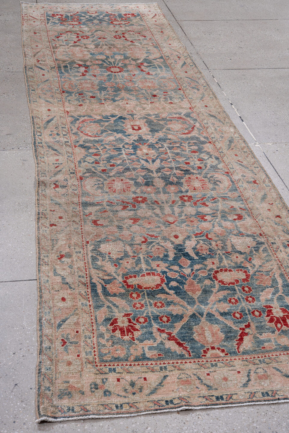 3' x 12' one-of-a-kind handmade vintage Lilian runner rug. Color palette: ivory, powder blue, blush, coral, slate, taupe