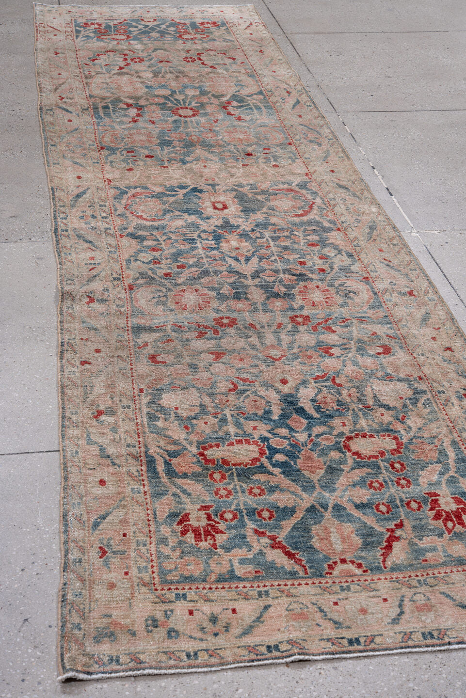 3' x 12' one-of-a-kind handmade vintage Lilian runner rug. Color palette: ivory, powder blue, blush, coral, slate, taupe