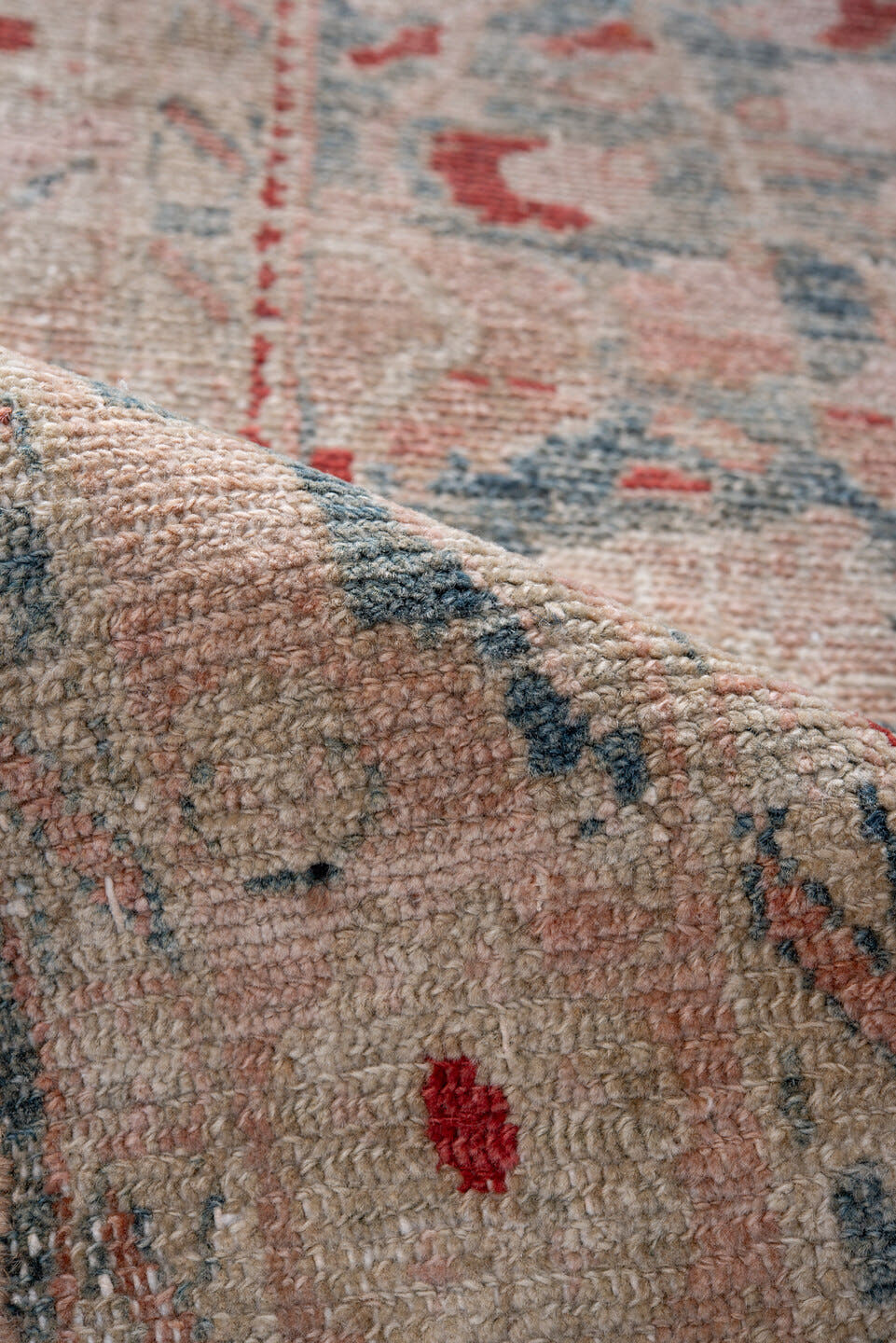 3' x 12' one-of-a-kind handmade vintage Lilian runner rug. Color palette: ivory, powder blue, blush, coral, slate, taupe
