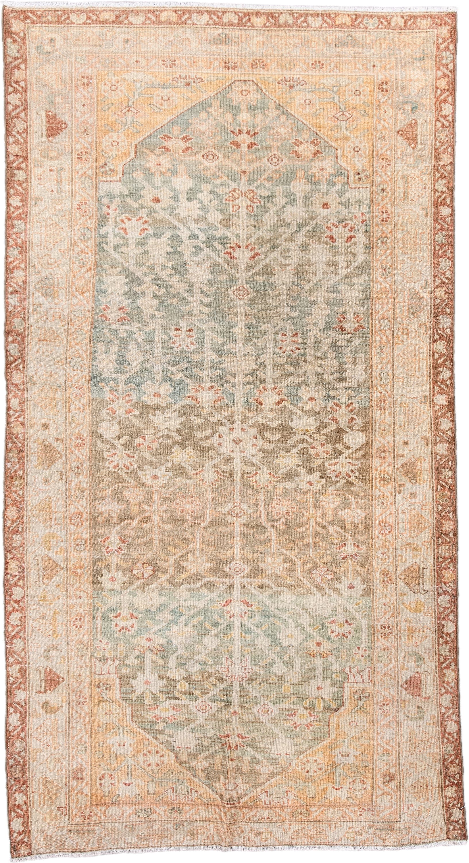 3' x 7' one-of-a-kind handmade antique Malayer rug. Color palette: ivory, sage, sand, terra cotta, taupe, camel, rose, green