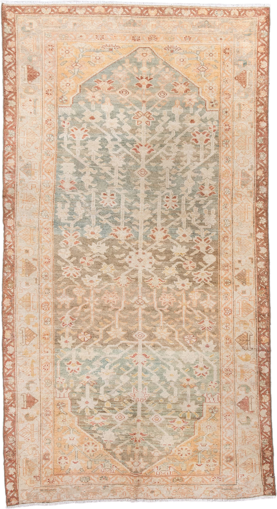 3' x 7' one-of-a-kind handmade antique Malayer rug. Color palette: ivory, sage, sand, terra cotta, taupe, camel, rose, green