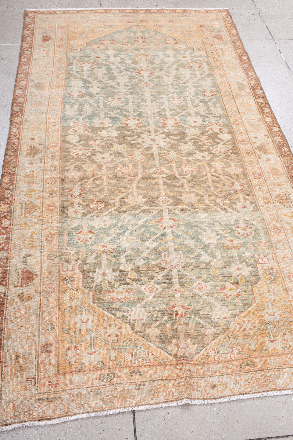 3' x 7' one-of-a-kind handmade antique Malayer rug. Color palette: ivory, sage, sand, terra cotta, taupe, camel, rose, green