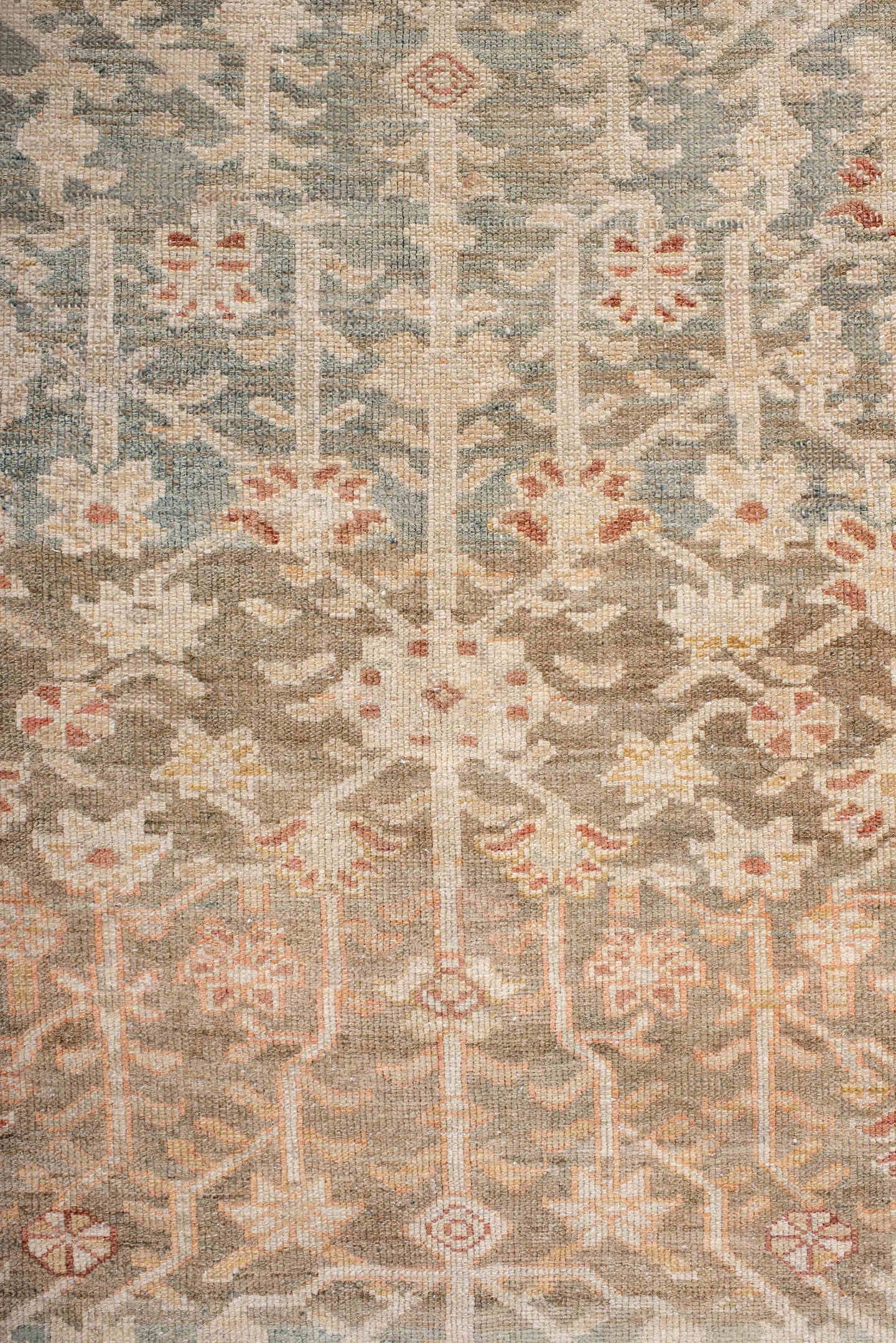 3' x 7' one-of-a-kind handmade antique Malayer rug. Color palette: ivory, sage, sand, terra cotta, taupe, camel, rose, green