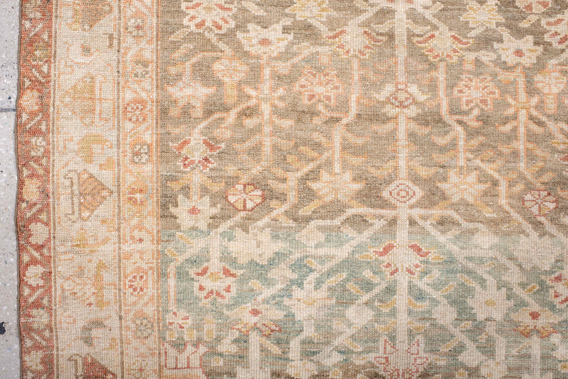 3' x 7' one-of-a-kind handmade antique Malayer rug. Color palette: ivory, sage, sand, terra cotta, taupe, camel, rose, green