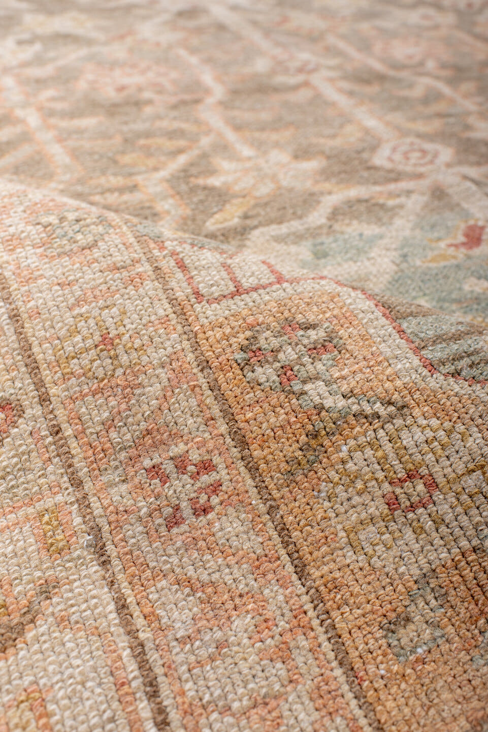 3' x 7' one-of-a-kind handmade antique Malayer rug. Color palette: ivory, sage, sand, terra cotta, taupe, camel, rose, green