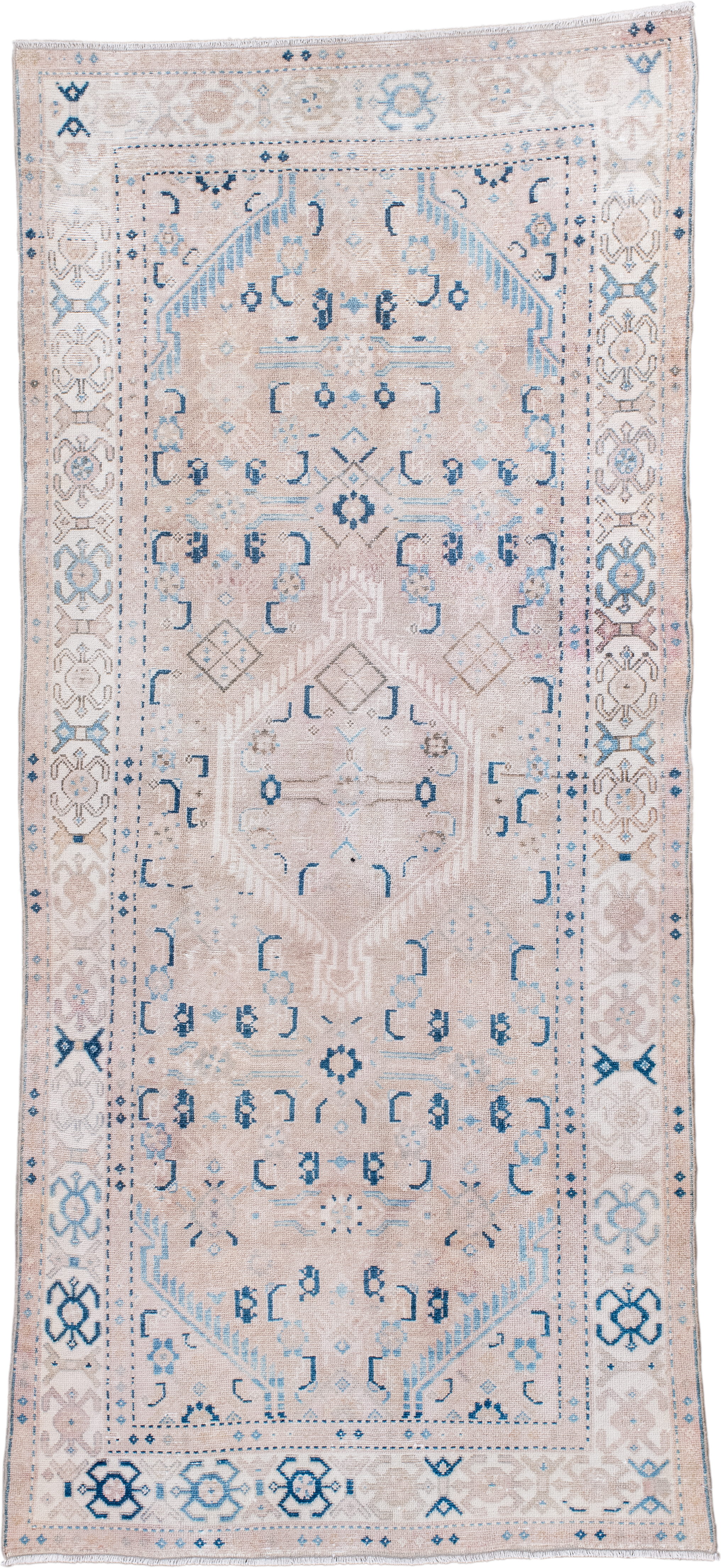 3' x 7' one-of-a-kind handmade vintage Hamadan runner rug. Color palette: ivory, blush, sky_blue, denim, taupe, cream, pink
