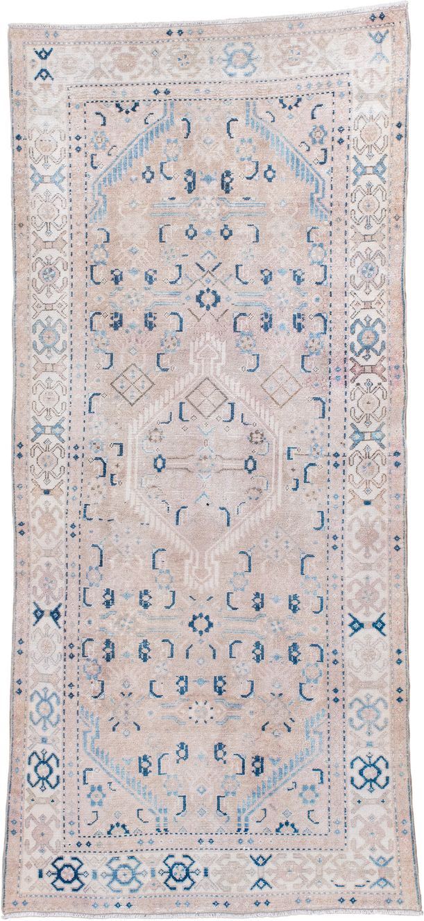 3' x 7' one-of-a-kind handmade vintage Hamadan runner rug. Color palette: ivory, blush, sky_blue, denim, taupe, cream, pink