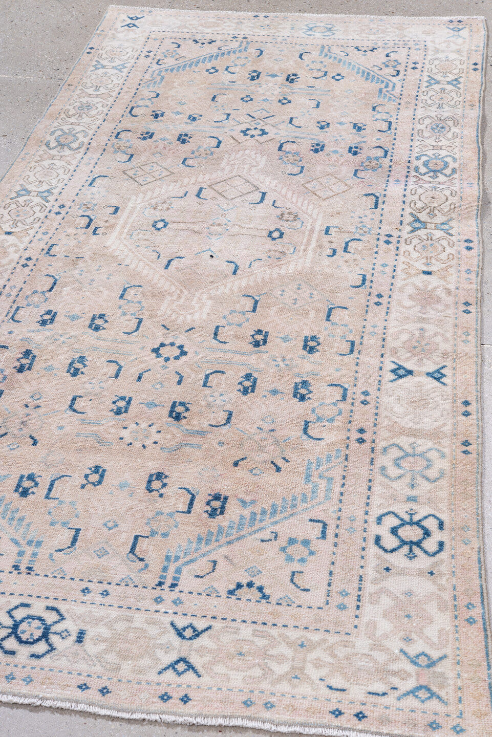 3' x 7' one-of-a-kind handmade vintage Hamadan runner rug. Color palette: ivory, blush, sky_blue, denim, taupe, cream, pink